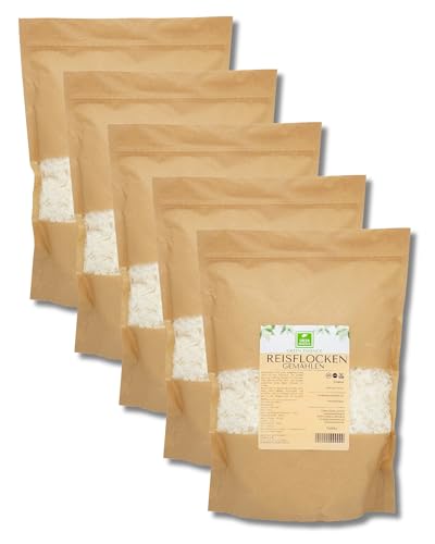 Reis Flocken 5kg (5*1kg) von der Grünen Essenz | weiße Reisflocken zum Frühstück | Müsli und Backen - als Hundefutter Zusatzstoff - Reisflocken Reisbrei fur Pudding - Reis Gemüseflocken Vegan (5 kg) von Green Essence