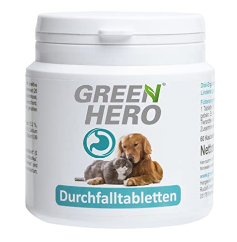Green Hero Durchfalltabletten, 60 Kautabletten, für Hund und Katze zur Linderung von Durchfall, Magen und Verdauungsbeschwerden, Tabletten zur Verbesserung der Kotbeschaffenheit, enthält Präbiotica von Green Hero