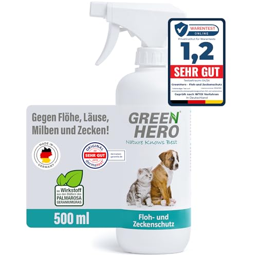 Green Hero Floh- und Zeckenschutz 500 ml das Zeckenspray und Flohmittel für Hunde und Katzen, effektives Flohspray für die direkte Anwendung auf dem Tier bei akutem Befall oder zum Schutz von Green Hero