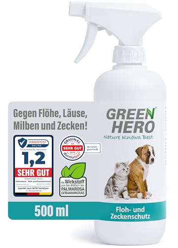 Green Hero Floh- und Zeckenschutz 500 ml das Zeckenspray und Flohmittel für Hunde und Katzen, effektives Flohspray für die direkte Anwendung auf dem Tier bei akutem Befall oder zum Schutz von Green Hero