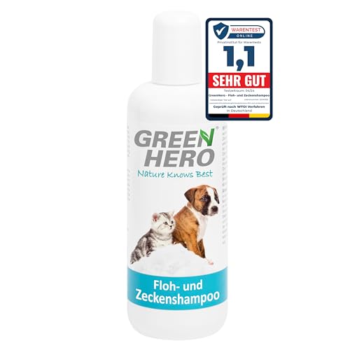 Green Hero Floh- und Zeckenshampoo für Hund & Katze schützt vor Flöhen, Zecken, Milben, Läusen & Parasiten 250ml Hundeshampoo & Katzenshampoo ohne Silikone, Parabene & Mikroplastik von Green Hero