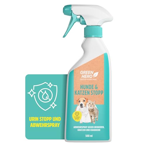 Green Hero Hunde & Katzen Stopp 500ml gegen Urinieren | Hundeschreck, Katzen Schreck Spray auch als Kratz- & Knabberschutz | Hundeabwehrspray Innen- & Außenanwendung | Mit Eukalyptus Citriodora Öl von Green Hero