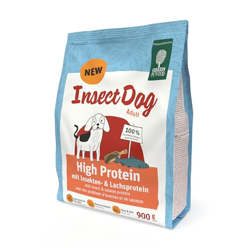 Green Petfood InsectDog High Protein (1 x 900 g) | Adult | Premium Trockenfutter für ausgewachsene aktive Hunde | Lachs- & Insektenprotein & roten Linsen | kleine Krokette | getreidefrei | 1er Pack von Green Petfood