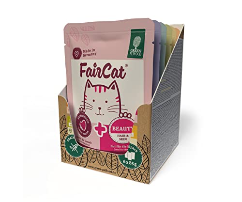 Green Petfood FairCat Beauty (8 x 85 g), getreidefreies Katzenfutter, Katzennassfutter mit Tierwohl-Hühnchen und Lachs aus argerechter Haltung, Katzenfutter mit Hanföl für schönes Fell, 8er-Pack von Green Petfood