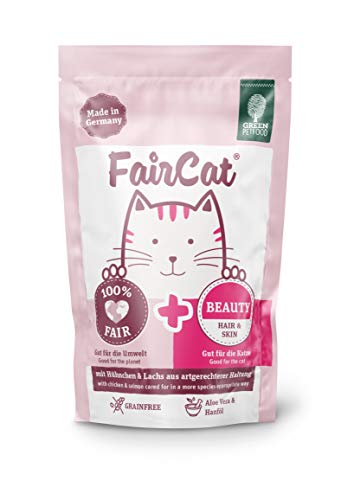 Green Petfood FairCat Beauty (16 x 85 g), getreidefreies Katzenfutter, Katzennassfutter mit Tierwohl-Hühnchen und Lachs aus artgerechter Haltung, Katzenfutter mit Hanföl für schönes Fell, 16er Pack von Green Petfood