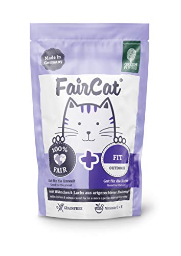 Green Petfood FairCat Fit (16 x 85g), getreidefreies Katzenfutter für Outdoor Katzen, Katzennassfutter für ausgewachsene und aktive Katzen, Katzenfutter mit Tierwohl-Hühnchen und Lachs, 16er Pack von Green Petfood