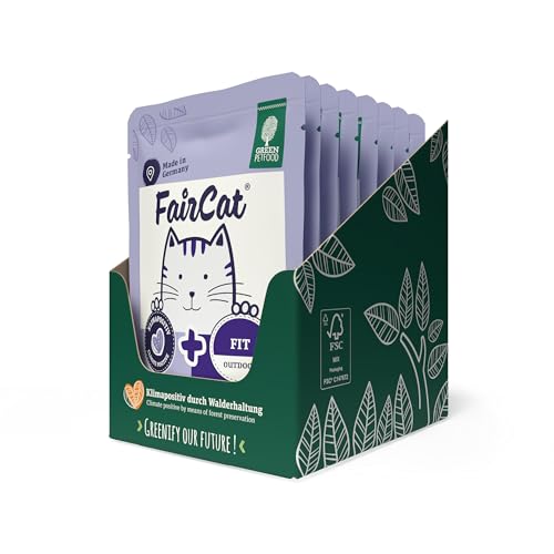 Green Petfood FairCat Fit (8 x 85 g), getreidefreis Katzenfutter für Outdoor Katzen, Katzennassfutter für ausgewachsene und aktive Katzen, Katzenfutter mit Tierwohl-Hühnchen und Lachs, 8er-Pack von Green Petfood