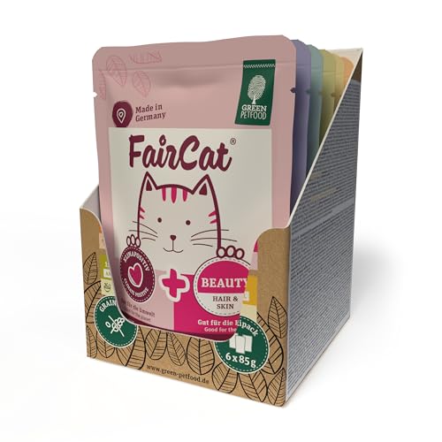 Green Petfood FairCat Multipack (6 x 85 g) | Adult | Premium Nassfutter für ausgewachsene Katzen | 6 verschiedenen leckere Sorten im Multipack | getreidefrei | Katzenfutter nass | 6er Pack von Green Petfood