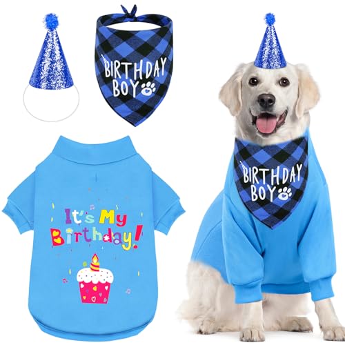 Geburtstags-Geschenk-Set für Hunde – Geburtstagstuch, Pullover und Partyhut für kleine, mittelgroße und extra große Hunde, Mädchen und Jungen, Größe XL, Blau Geburtstags-Geschenk-Set für Hunde – Geburtstagstuch, Pullover und Partyhut für kleine, mittelgroße und extra große Hunde, Mädchen und Jungen, Größe XL, Blau von GreenJoy
