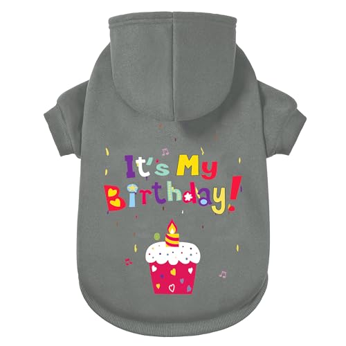 GreenJoy Hundepullover, Hunde-Kapuzenpullover für kaltes Wetter, Kapuzen-Sweatshirt für Hunde und Katzen, Grau (It's My Birthday), Größe XXL von GreenJoy