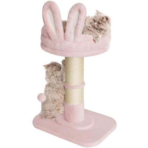 Sisal Kratzbaum mit weichem Kaninchenbett, Kleiner Katzenbaum für Indoor-Katzen, Niedlicher Katzenturm mit Federball, Katzenkratzbaum mit Sitzstange, Katzenbaum Niedliches Abnehmbares von GreenPetopia