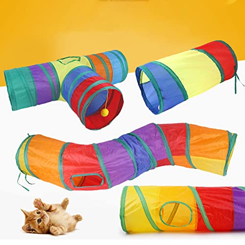 Greensen Cat 3 -Wege Tunnel Interaktiver Regenbogen Zusammenklappbarer Katzenröhrchen Verbesserung der Haustierbeziehung für Innenspiele Buntes DREI Ways Polyester von Greensen