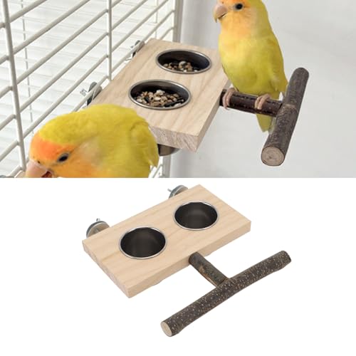 Vogelfutternapf mit Sitzstange, Handgefertigte Futternäpfe aus Edelstahl aus Holz, Papageien-Futterspender, Spielzeug für Sittiche, Nymphensittiche, Unzertrennliche, Wellensittiche von Greensen