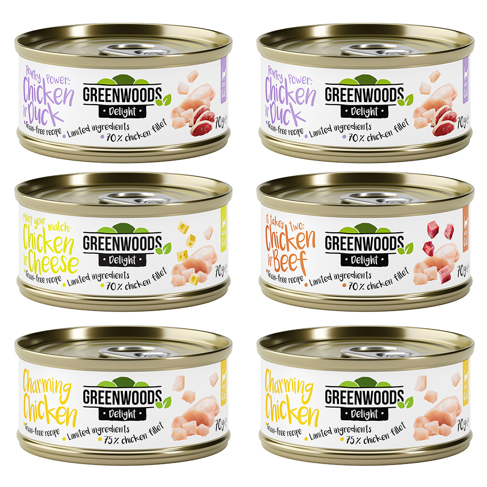 Gemischtes Probierpaket Huhn Greenwoods Delight 6 x 70 g - Mixpaket (4 Sorten) von Greenwoods