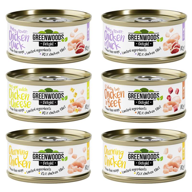 Gemischtes Probierpaket Huhn Greenwoods Delight 6 x 70 g - Mixpaket (4 Sorten) von Greenwoods