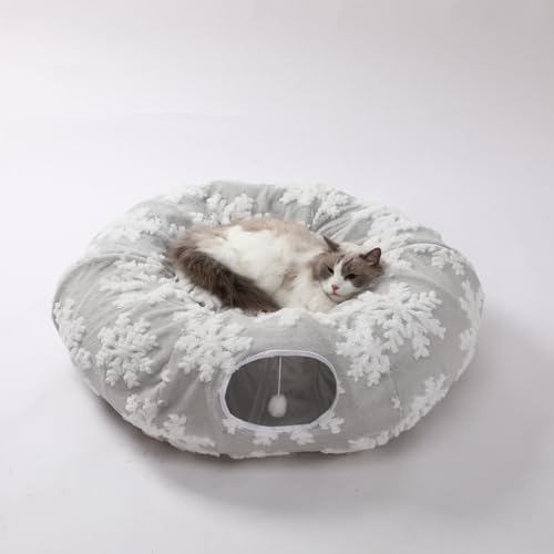 Grelife Katzentunnelbett für Hauskatzen, 2-in-1-Spieltunnel & gemütliches Bett, mit waschbarem Premium-Shu-Samt, rutschfester Boden, abnehmbares Kissen, perfekt für Katzen, Kätzchen, kleine Haustiere von Grelife