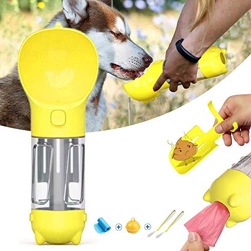 Hunde-Wasserflasche zum Gehen, auslaufsicher, tragbarer Welpen-Wasserspender mit Trink-Futterstation, Hundekotbeutel für Haustiere im Freien, Wandern, BPA-frei (340 ml), Gelb von Greneric
