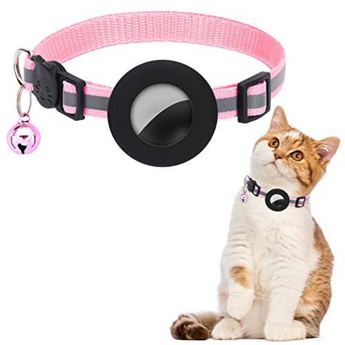 Greoer Airtag Katzenhalsband mit Sicherheitsschnalle und Glocke Hund & Katzen Halsbänder Halter für Air Tag Wasserdicht Reflektierend Katzenhalsband Anti Verlust Katzen Halsbänder Halter für Katzen Hunde Welpen (Rosa) von Greoer