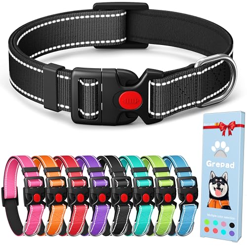 Grepad Polyester-Hundehalsband für mittelgroße Hunde, weiblich, männlich, langlebig, bequem, gepolstert, Basic Hundehalsbänder für Welpen, kleine und extra große Rassen, Pechschwarz, Größe M von Grepad