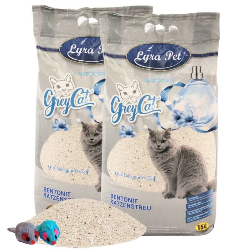 2 x 15 Liter Lyra Pet® GreyCat® Katzenstreu Bentonit mit Aktivkohle + 2 Mäuse von Grey Cat