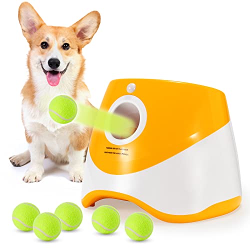 Grezea Automatischer Hundeballwerfer, Welpenballwerfermaschine mit 3,9 m, 3 Modi, interaktives Hundespielzeug für kleine und mittelgroße Hunde drinnen und draußen, inklusive 6 Bälle (5.1 cm) von Grezea