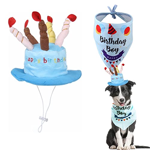 Grneric Hunde-Geburtstags-Hut, Bandana-Set, verstellbar, Haustier-Geburtstagskerze, Hut und Geburtstagstuch, für Hunde und Katzen, Welpen, Partyzubehör (blau) von Grneric