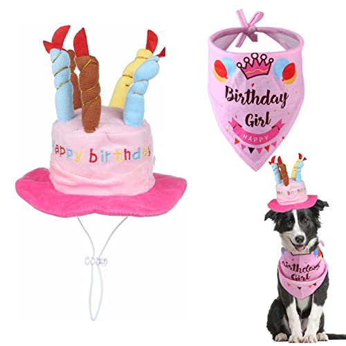 Grneric Hunde-Geburtstags-Hut, Bandana-Set, verstellbare Haustier-Geburtstagskerze, Hut und Geburtstagstuch, für Hunde und Katzen, Party-Zubehör (rosa) von Grneric