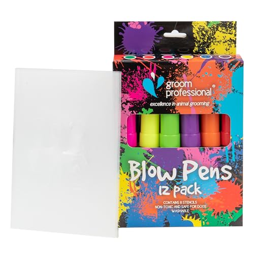 Groom Professional Creative Blow Pens for Pet Grooming - 12 Pack with Stencils, Excellence in Animal Grooming, Safe, Non-Toxic Colour, Creative Blow Application, Fast Drying Colours von Groom Professional
