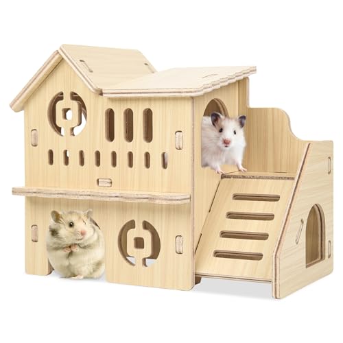 Grünara Hamster Haus Holz, Eckhaus mit Leiter, 2 Etagen Mehrkammernhaus, Spielplatz für Zwerghamster, Rennmäuse, Degus, Nagetiere – Holz Hamsterhaus für Kleine Haustiere von Grünara