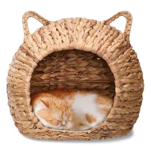 GRUGOODS Handgeflochtenes Katzenbett aus Weide Natürliches Wasserhyazinthenhaus für Haustiere Hängendes kleines Schaukelbett Tierversteck Korb von Grugoods