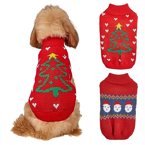 2-teiliger Hund Weihnachtspullover Pullover, winddichter Turtleneck Weihnachtsbaum Weihnachtsmann Warmer Hund Strickpullover für Teddy Chihuahua Schnauzer (M) von GsLxx