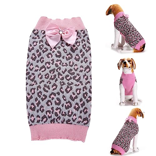 Hundepullover mit Schleife, rosa Leopard Hundepullover Strickwaren, geeignet für kleine, mittlere und große Hunde Mädchen (L) von GsLxx