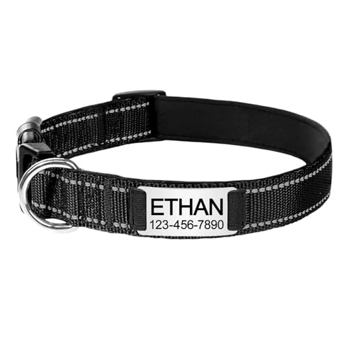 Haustierhalsbänder Gravierte Namens-ID-Tag Reflektierendes Hundehalsband Benutzerdefiniertes Nylon Personalisiert(Noir,M 30-48cm) von GsvUbd