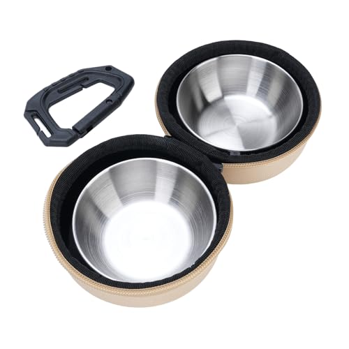 Faltbare Hunde Doppelschalen tragbare Edelstahl -Reise -Futter -Wasserschale mit Eva -Beutel und Clip für Camping im Freien (Khaki) von Gsycle