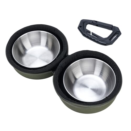 Faltbare Hunde Doppelschalen tragbare Edelstahl -Reise -Futter -Wasserschale mit Eva -Beutel und Clip für Camping im Freien (OD grün) von Gsycle