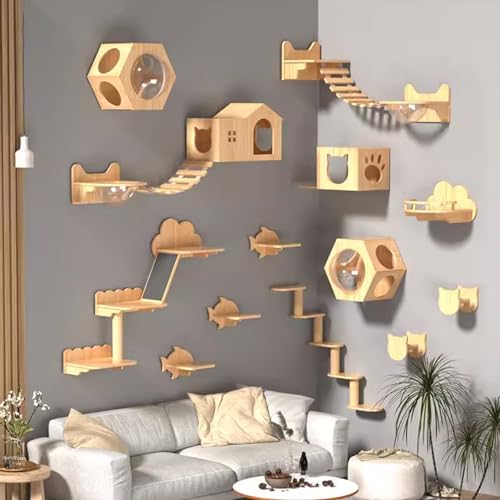 Gtzly Kletterwand Katzen, An der Wand Montiertes Katzen-Kletterregal-Set, Katzenregale Aus Kiefernholz mit Katzen-Sprungplattform, DIY-Katzenwand-Spielplatz, for WandmöBel-Set Im Innenbereich (Color von Gtzly