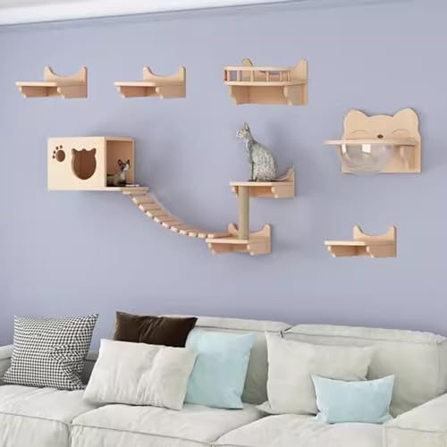 Gtzly Kletterwand Katzen, Katzen-Wandregal-Set, Schwebender Kletterwand-Spielkletterer Aus Holz, Wandmontierte KatzenmöBel for Katzen Bis Zu 15 Kg Als Geschenk (Color : Set 13) von Gtzly