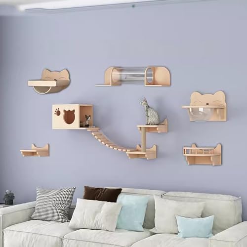 Gtzly Kletterwand Katzen, Katzen-Wandregal-Set, Schwebender Kletterwand-Spielkletterer Aus Holz, Wandmontierte KatzenmöBel for Katzen Bis Zu 15 Kg Als Geschenk (Color : Set 17) von Gtzly