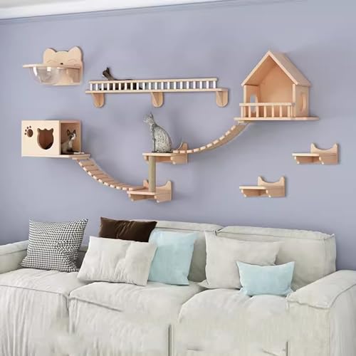 Gtzly Kletterwand Katzen, Katzen-Wandregal-Set, Schwebender Kletterwand-Spielkletterer Aus Holz, Wandmontierte KatzenmöBel for Katzen Bis Zu 15 Kg Als Geschenk (Color : Set 18) von Gtzly