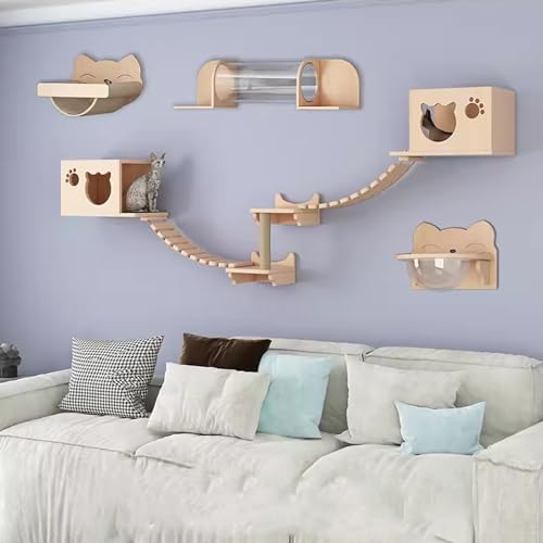 Gtzly Kletterwand Katzen, Katzen-Wandregal-Set, Schwebender Kletterwand-Spielkletterer Aus Holz, Wandmontierte KatzenmöBel for Katzen Bis Zu 15 Kg Als Geschenk (Color : Set 19) von Gtzly