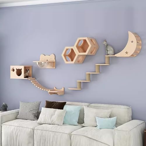 Gtzly Kletterwand Katzen, Katzen-Wandregal-Set, Schwebender Kletterwand-Spielkletterer Aus Holz, Wandmontierte KatzenmöBel for Katzen Bis Zu 15 Kg Als Geschenk (Color : Set 6) von Gtzly