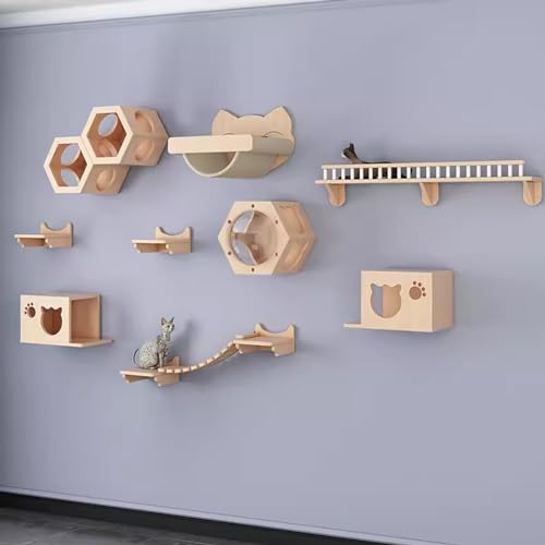 Gtzly Kletterwand Katzen, Katzen-Wandregal-Set, Schwebender Kletterwand-Spielkletterer Aus Holz, Wandmontierte KatzenmöBel for Katzen Bis Zu 15 Kg Als Geschenk (Color : Set 8) von Gtzly