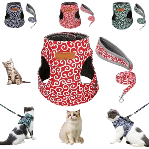 Niowatchted Cat Vest Harness and Leash, Nio Watchted Cat Dogs Vest Harness and Leash Anti-Break Away Chest Strap Cats Clothes, Adjustable Pet Harness Jackets Soft Comfortable (Red, M) von Guegalls