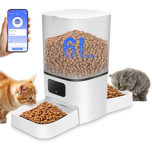 Gugxiom 6L Futterautomat Katze, WiFi Intelligenter Automat Futterspender für 2 Katzen, APP-Steuerung, Doppelnetzteil, Futterspender für 2 Katzen, Hunde von Gugxiom
