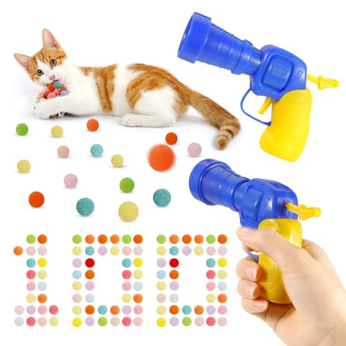 Guiqulai Interaktives Katzenspielzeug, Ballwerfer, 100 Katzen-Pom-Bälle und 2 Katzenspielzeugwerfer, Indoor-Kätzchen-Spielzeug für Ihre süßen Katzen, Übungstraining, Jagd von Guiqulai