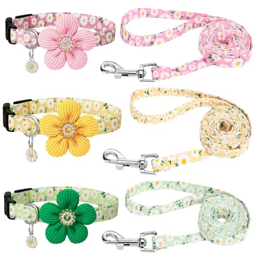 Hundehalsband und Leine, verstellbares Hundehalsband mit Blumenmuster für kleine Hunde, weiches Haustierhalsband für Welpen, kleine Hunde, 3 Stück Hundehalsband und Leine, verstellbares Hundehalsband mit Blumenmuster für kleine Hunde, weiches Haustierhalsband für Welpen, kleine Hunde, 3 Stück von Guiqulai