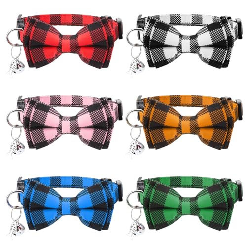 Katzenhalsbänder mit Fliege und Glöckchen, klassisches Karomuster, verstellbar, mit Anhänger, für Mädchen, Jungen, Kätzchen, Katzen, 6 Stück Katzenhalsbänder mit Fliege und Glöckchen, klassisches Karomuster, verstellbar, mit Anhänger, für Mädchen, Jungen, Kätzchen, Katzen, 6 Stück von Guiqulai