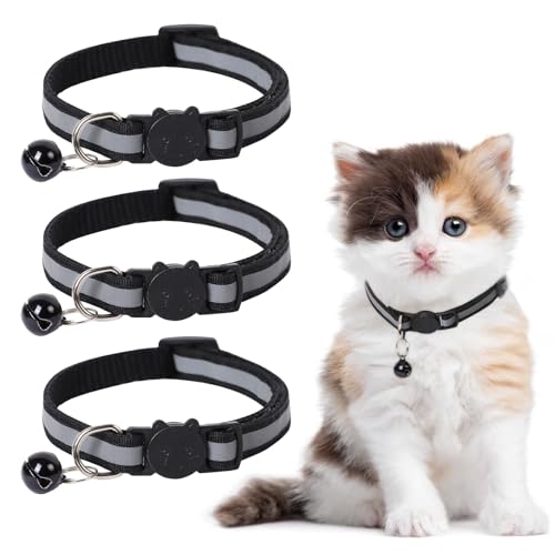 Guittly Katzenhalsband 3 Stück Reflektierend Katzenhalsbänder, Schwarz Verstellbar Katzen Halsbänder mit Glocke und Sicherheitsverschluss für Kitten, Kleine Katze (Schwarz, 3Stück) von Guittly