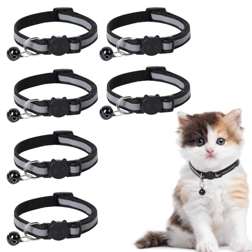 Guittly Katzenhalsband 3 Stück Reflektierend Katzenhalsbänder, Schwarz Verstellbar Katzen Halsbänder mit Glocke und Sicherheitsverschluss für Kitten, Kleine Katze (Schwarz, 6Stück) von Guittly