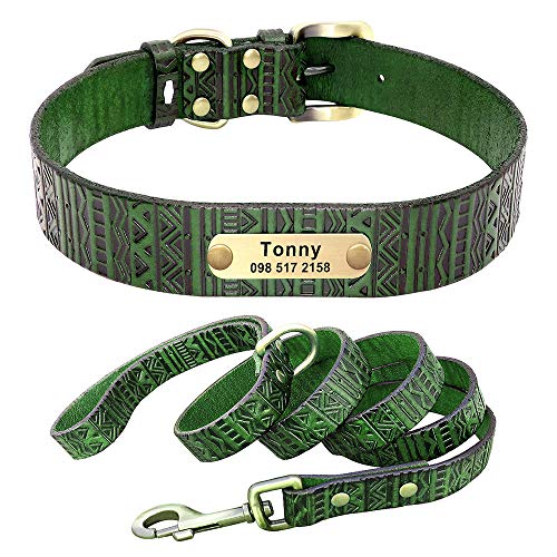 Gulunmun Benutzerdefinierte Leder Hundehalsbänder Graviert personalisierte Hund ID Tag Halsband Leine Leine für kleine mittelgroße Hunde Pitbull Bulldog-Green_Set_XS von Gulunmun